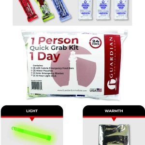 1 Day Quick Grab Kit in resealable bag with Mylar blanket, food bars, water pouches, and light stick