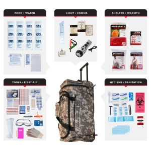 1 person comfort survival kit rolling bag camo tactical emergency preparedness