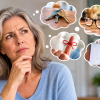Older woman thinking about memory and forgetfulness, with thought bubbles showing misplaced keys, eyeglasses, a reminder string, and a calendar.
