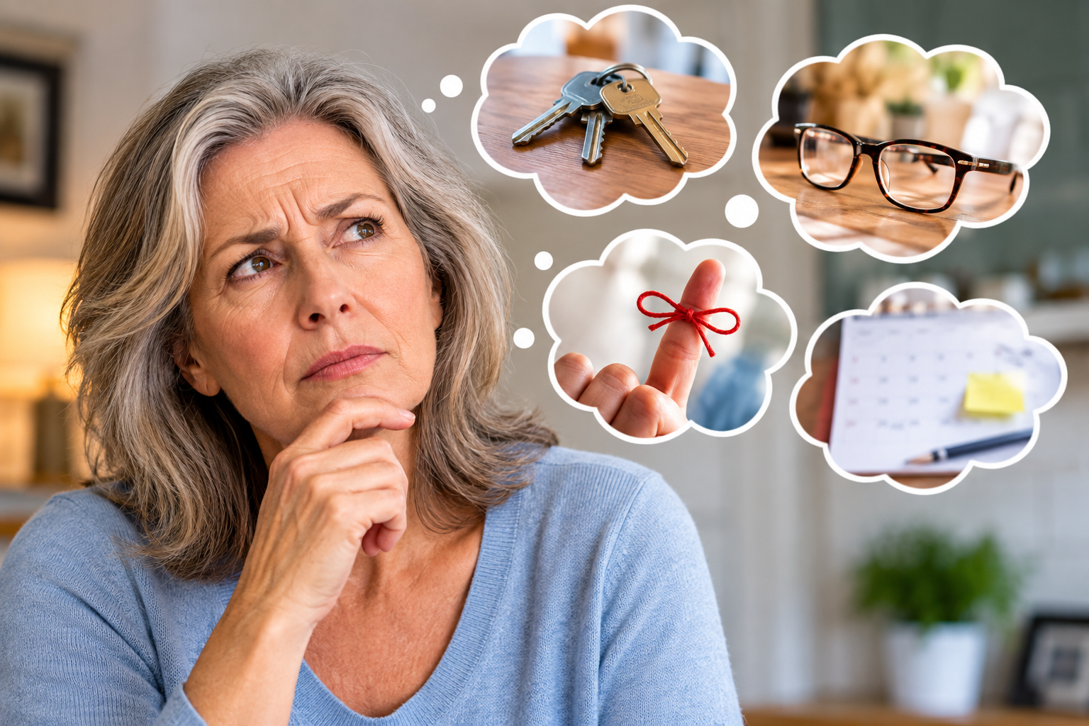 Older woman thinking about memory and forgetfulness, with thought bubbles showing misplaced keys, eyeglasses, a reminder string, and a calendar.